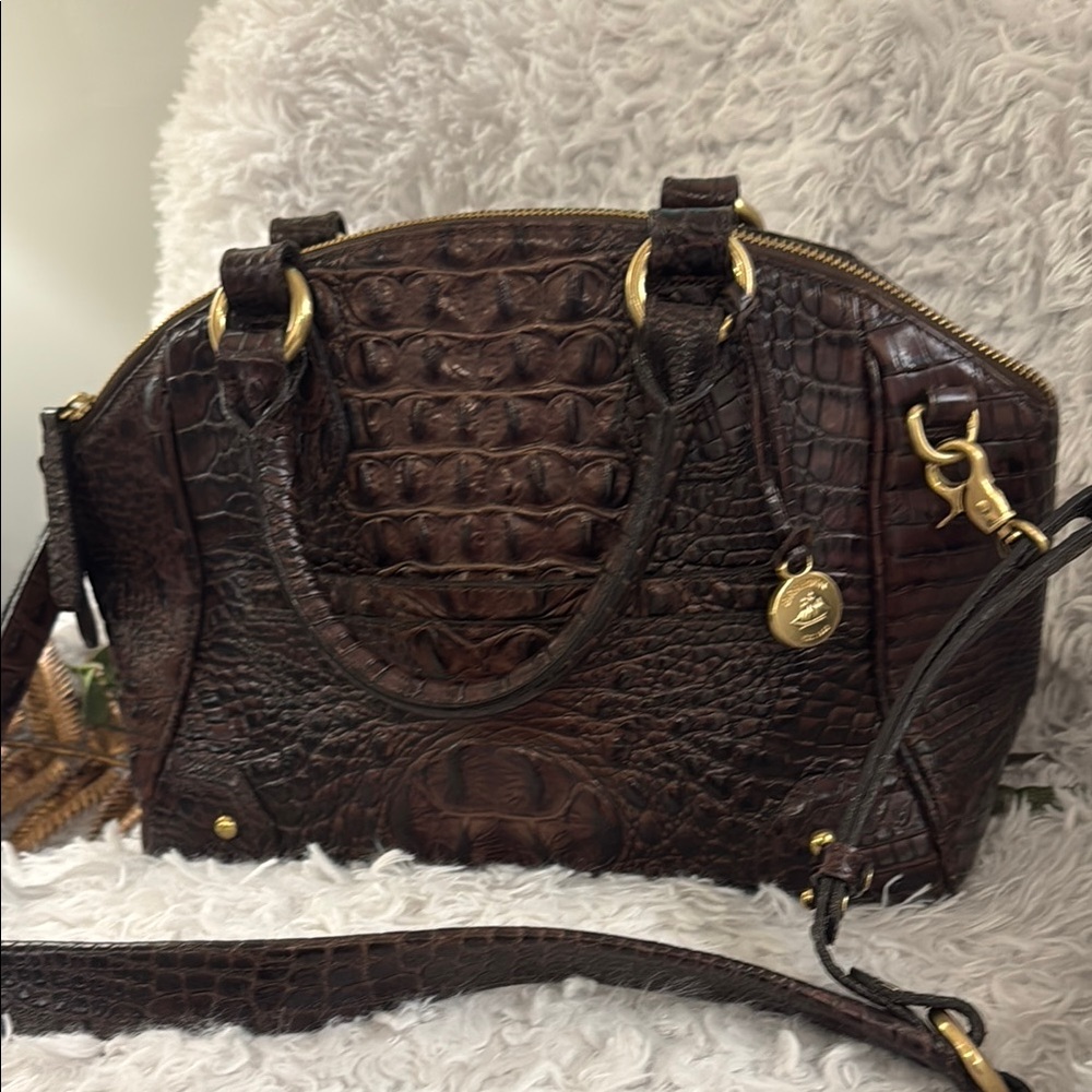 Brahmin Brown Crocodile-Embossed Shoulder Bag with Gold Hardware